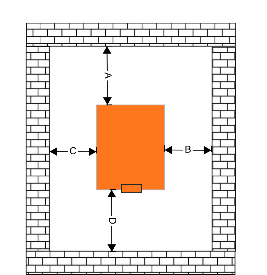 Plan view of the UNI boiler in a room showing clearance A to the back wall, B and C to the side walls and D in front of the boiler