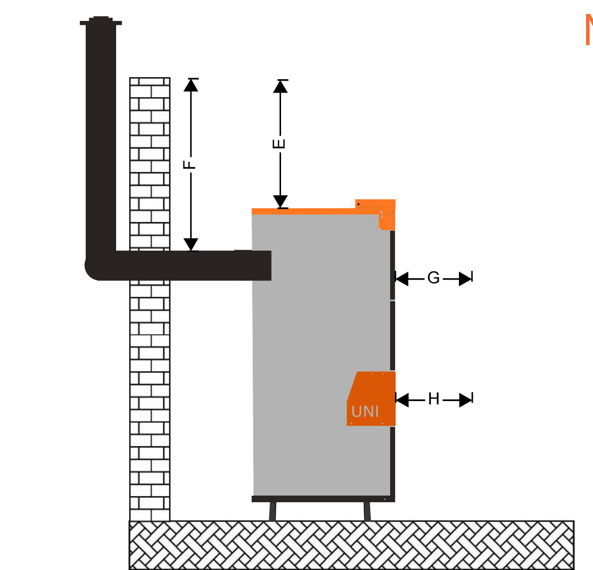 Side elevation of the UNI boiler in a masonry room showing clearance dimensions E to the ceiling, F from the flue pipe to combustibles, G from the boiler body and H from the lower casing