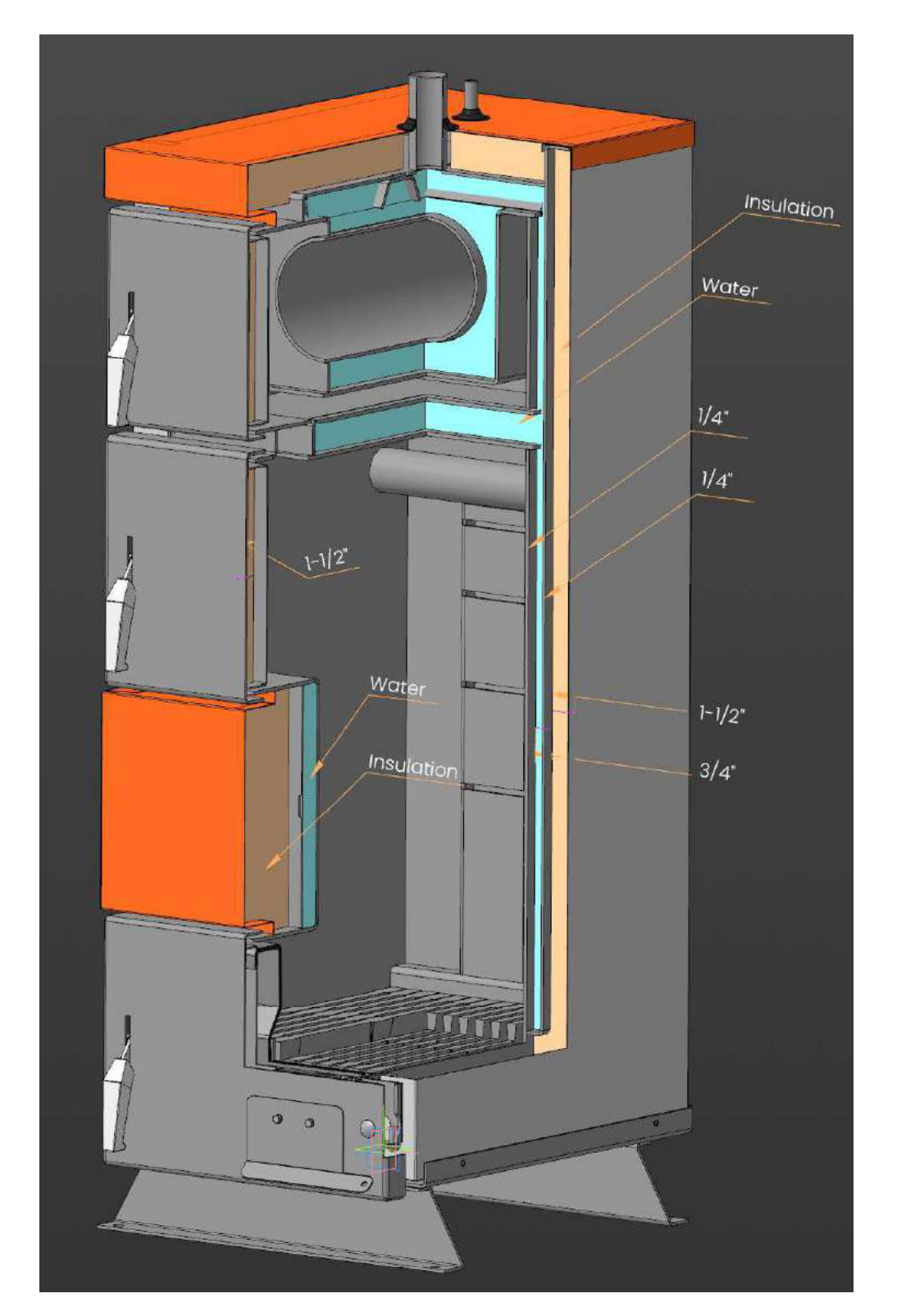 Three-dimensional cutaway of the UNI boiler showing water jacket, mineral wool insulation and steel plate thicknesses around the firebox and heat exchanger