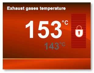 Exhaust gas temperature screen showing the current reading and a bar with a padlock symbol indicating the setpoint cannot be changed