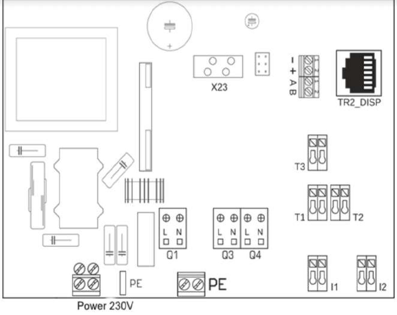 TIS Tronic 260U board layout with power input, PE terminals, outputs Q1, Q3 and Q4, inputs I1 and I2, sensor terminals T1, T2 and T3, the X23 alarm header and the TR2_DISP panel connector