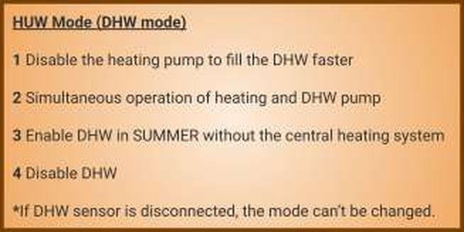 Note from the UNI install guide listing the four HUW modes: 1 disable the heating pump to fill the DHW faster, 2 simultaneous operation of heating and DHW pump, 3 enable DHW in summer without the central heating system, 4 disable DHW